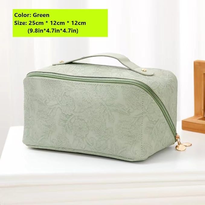 Green Wide-open Cosmetic Makeup Bag, Embossing Print Woman's Travel Toiletry Bags Organizer Pouch