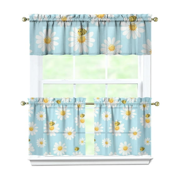 Vintage Bohemian Curtains 24" Short - 3 Panel Rustic Floral Farmhouse Set with Wildflowers, Country Rod Pocket Treatment