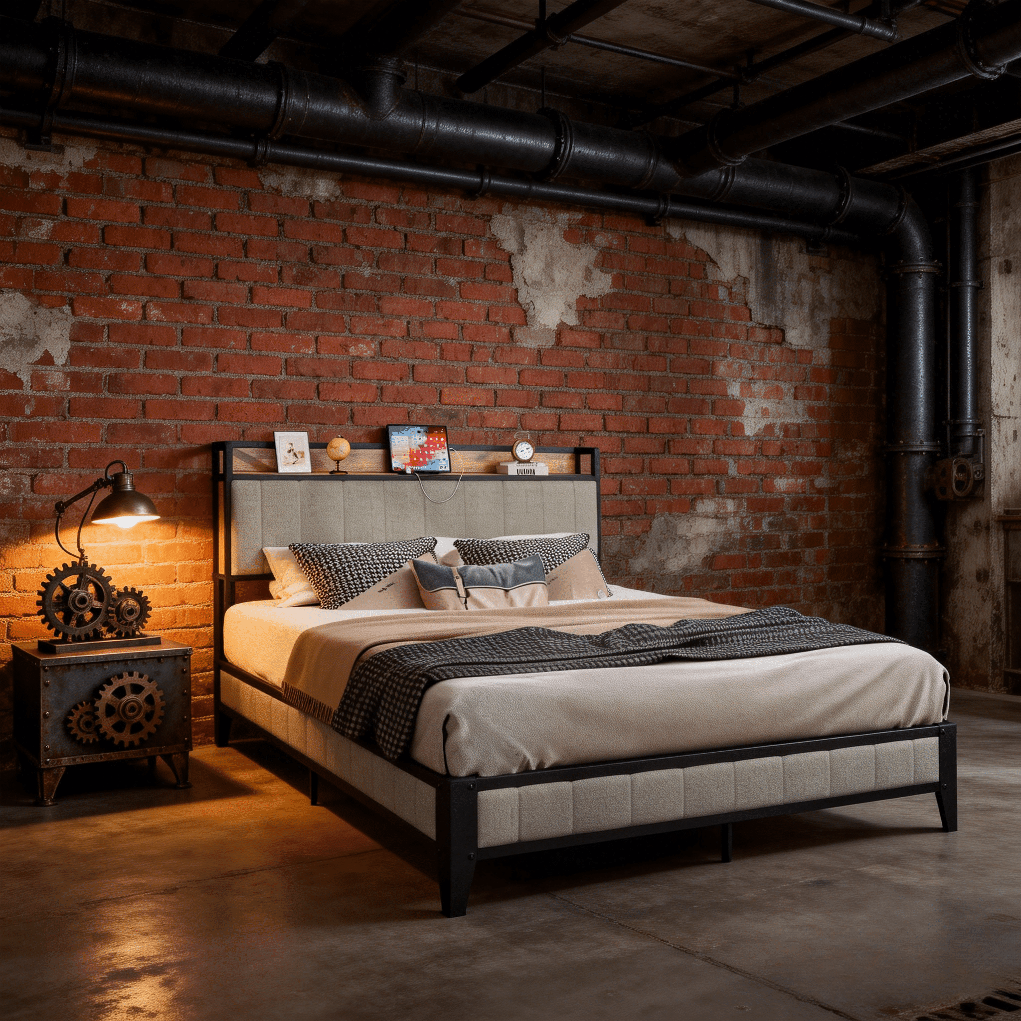 King Size Bed Frame with Upholstered Headboard and USB Charging Station, Heavy Duty Metal Platform, Grey