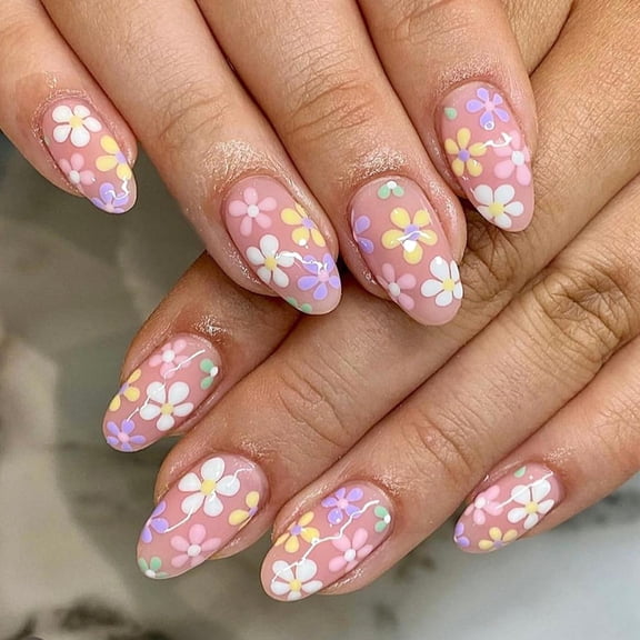 Gold French Tip Press on Nails 3D Irregular False Nails Medium Oval Acrylic Nails Glossy Full Cover Fake Nails Artificial Stick on Nails for Women Multicolor Colorful Flower