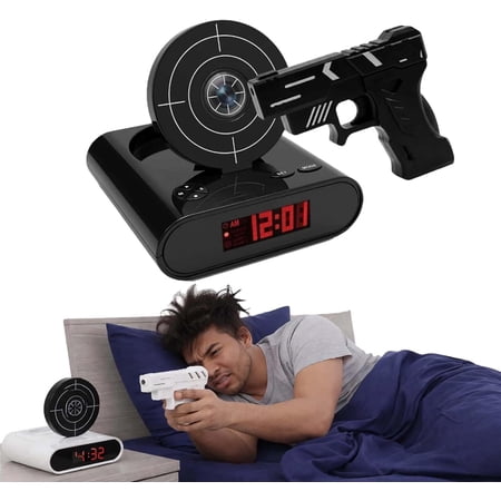 Target Alarm Clock with Gun, Gun and Target Alarm Cloc, Digital Shooting Game Alarm Clock, Interactive Shot Timer, LED Display, Custom Ringtones, 2 Alarm Modes, Fun Bedside Clock for Adults (Black)