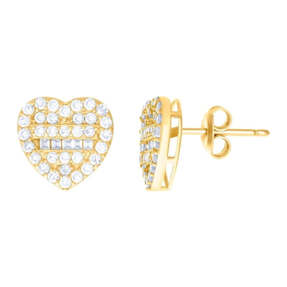 10k Yellow Gold Womens Baguette Round Cubic Zirconia Love Heart Stud Earrings 10x10mm Wide Stud Earring for Women