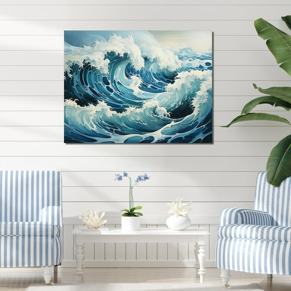 Designart Ocean Wall art decor, Ocean Wall Art, Blue White Ocean Oceanic Odyssey I , Teal Large Nautical & Coastal Canvas wall art, 32x24 inches