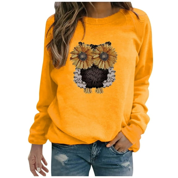 TIHLMK Sweatshirt Hoodies Women O-neck Lovely Owl Printing Comfortable Long Sleeves Sweatshirt Tops Yellow