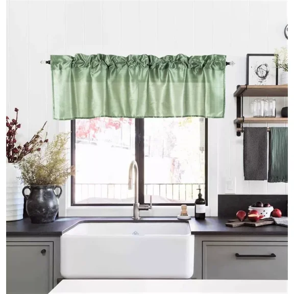 1 piece S18 luxury straight sheer faux silk window curtain valance for kitchen bathroom decor with rod pocket on top green sage color 55" wide X 18" long