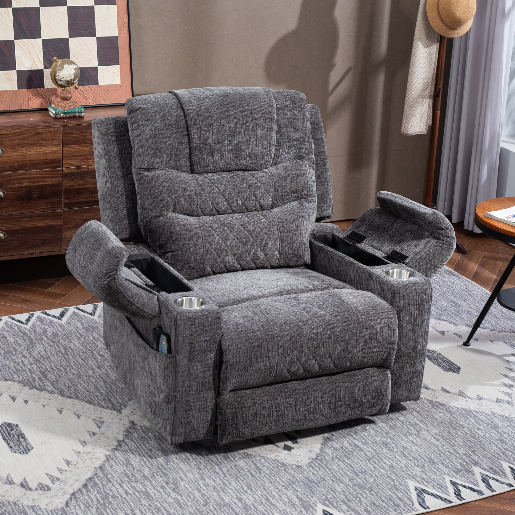 Oversized Recliner Chair 26-inch Wide Seat with Extended Footrest - Power Lift Recliner for Elderly with Heat Massage - Flip Arm Storage Cup Holders 350 lbs