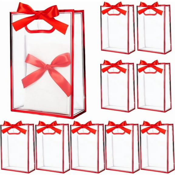 12Pcs Red Clear Party Favor Bags Gift Wrap Tote Big Reusable Transparent Candy Tote with Handles Ribbon Wedding Valentines Bulk Clear Plastic Gift Bags