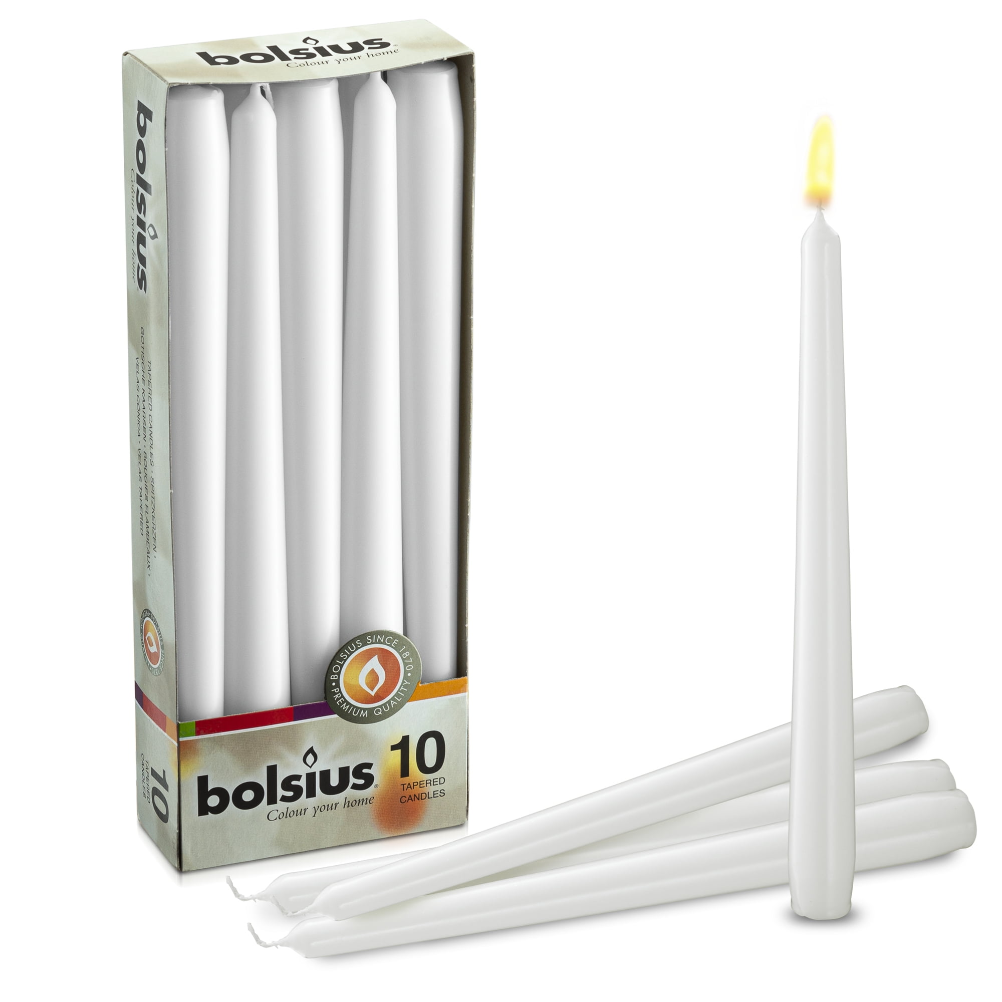 Bolsius Box Of 10 White Non-Drip Tapered Candles 7.5 Hour Burn Time 