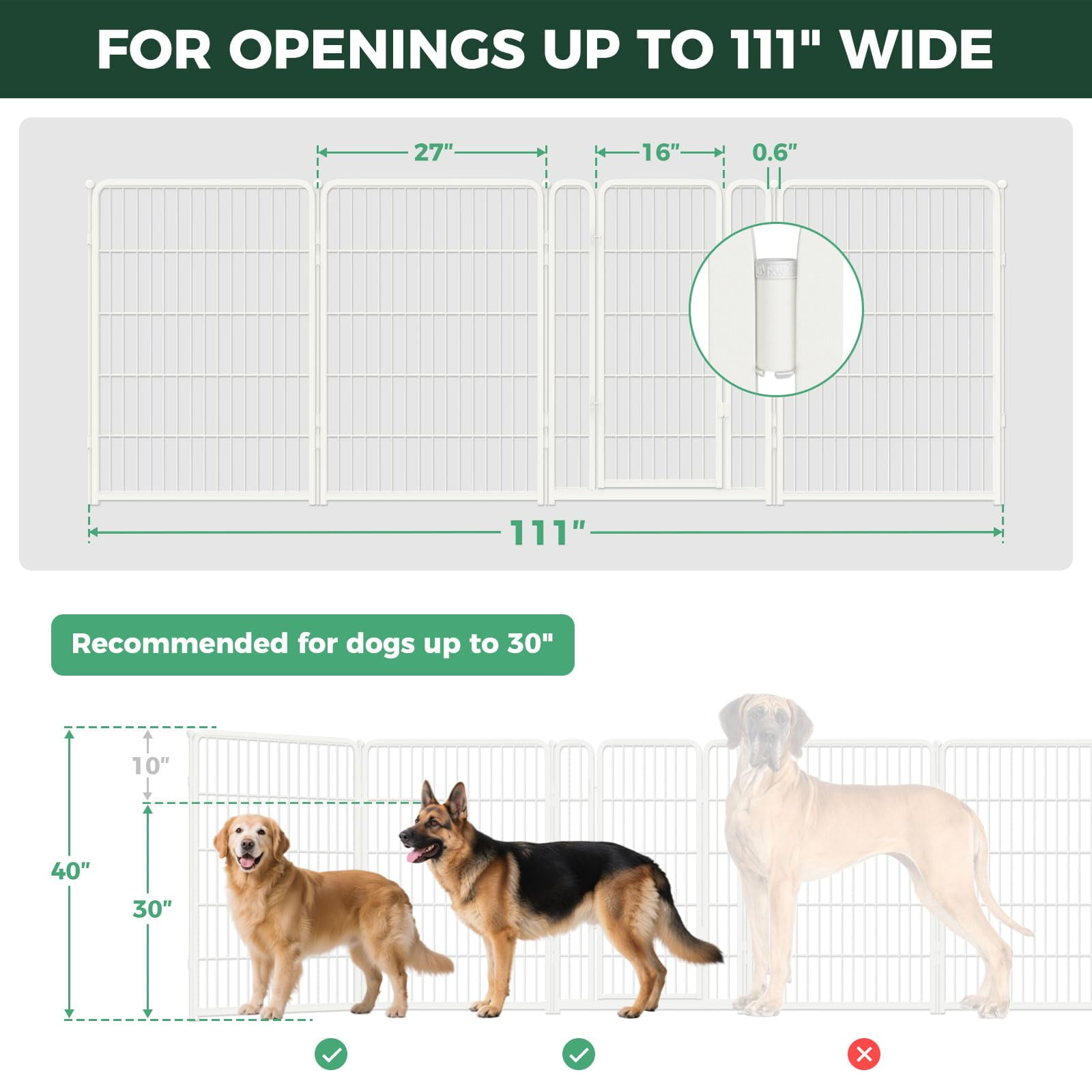 FXW Dog Gate Extra Wide Designed for Indoor Use, Adjustable Width Up to 111-inch Wide (40" H 4 Wire Panels for Medium and Large Dogs), White