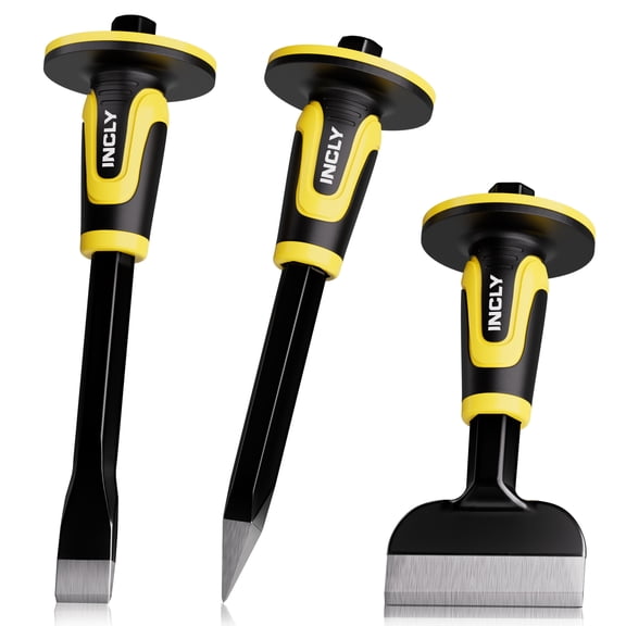 INCLY 3PCS Masonry Chisel Set with Hand Guard, Stone and Rock Chisel, Heavy Duty Concrete Chisel Tools Including 11 Inch Point & Flat, 8 Inch Brick Chisels for Breaking Splitting Cutting