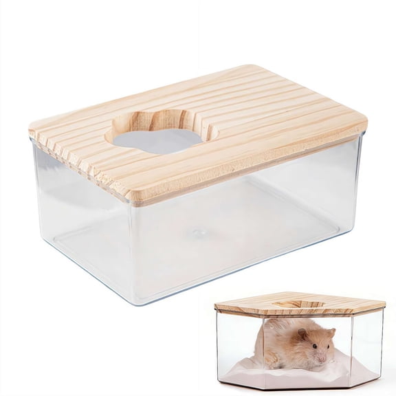 Hamster Sand Bath Box, Transparent Acrylic Small Animal Shower Bath Tub with Wood Lid, Digging Sand Container Cage Accessories for Gerbils, Mice, Hedgehog