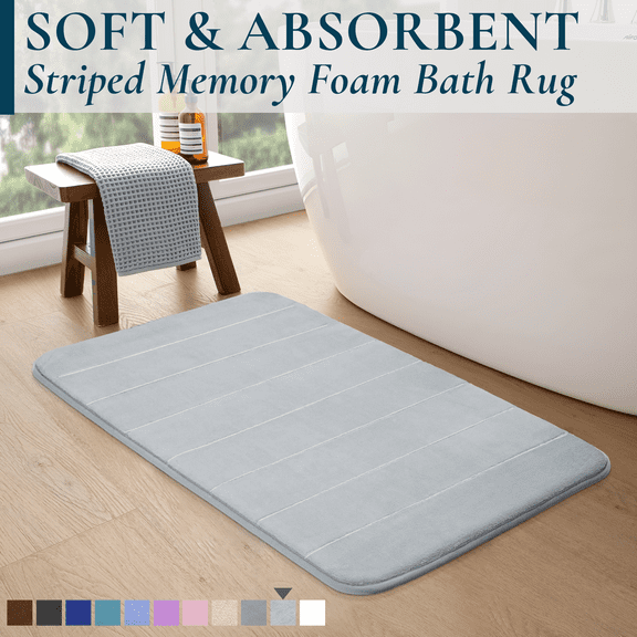 ComfiTime Memory Foam Bathroom Rug, Non-Slip Bath Mats for Bathroom Floor, Soft & Ultra Absorbent Shower Mat, Quick Dry Machine-Washable Bathmat for Shower & Tubs, 20 x 32, Silver