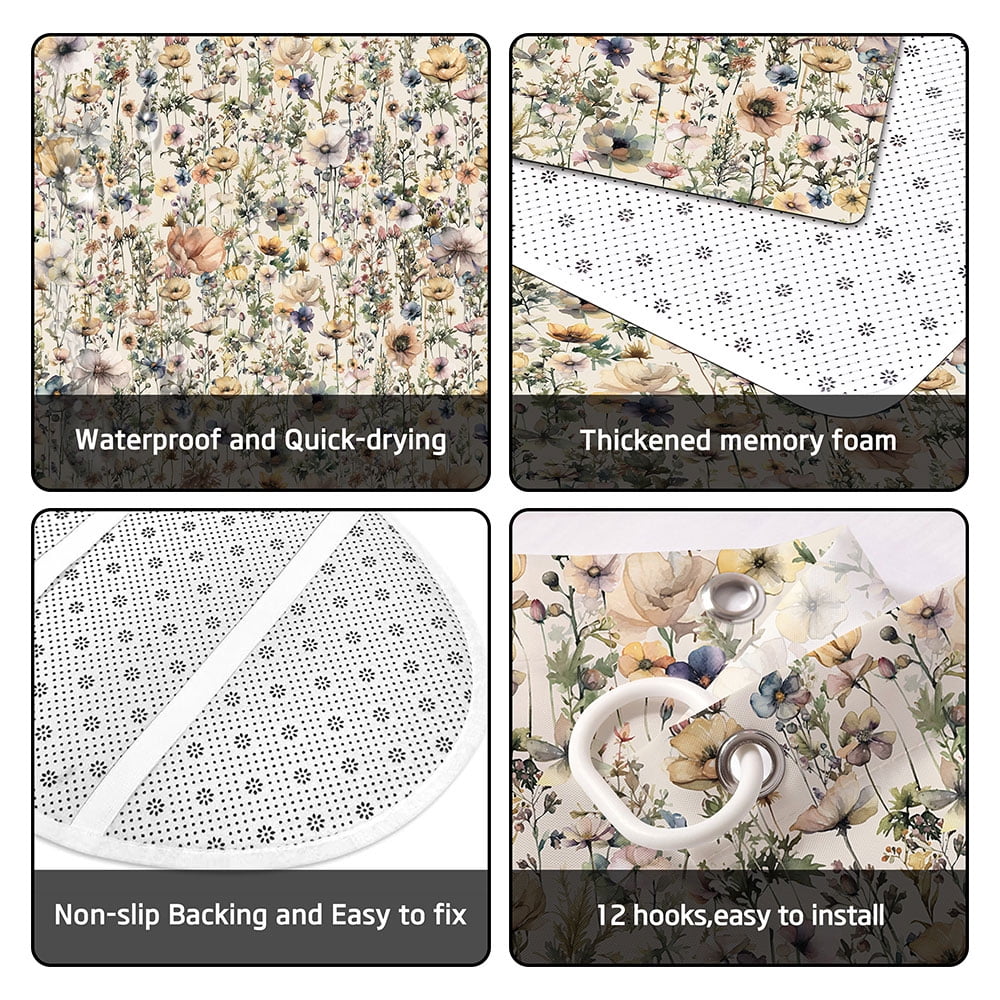 Farmhouse Floral Shower Curtain for Bathroom,Rustic Boho Wildflower and Beige Botanical Fabric 4 Pcs Shower Curtain with Hooks,Spring Country Theme Bathroom Curtains Shower