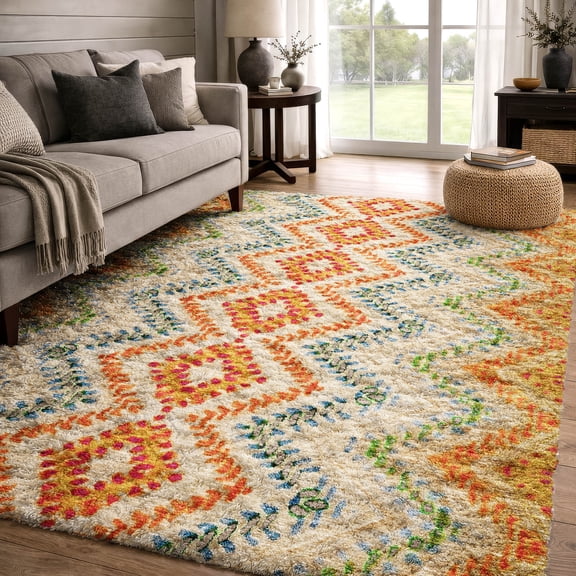 Addison Rugs Dream Shag Premium Machine Washable Transitional Geometric Beige Rectangle Rug, 10' x 14'