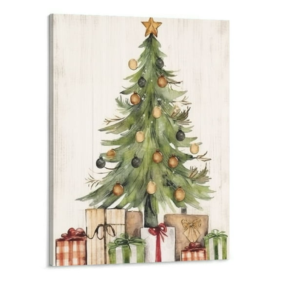COMIO Rustic Distressed Merry Christmas Tree Illustration Canvas Deborah Brown Wall Art, 16 x 20 White