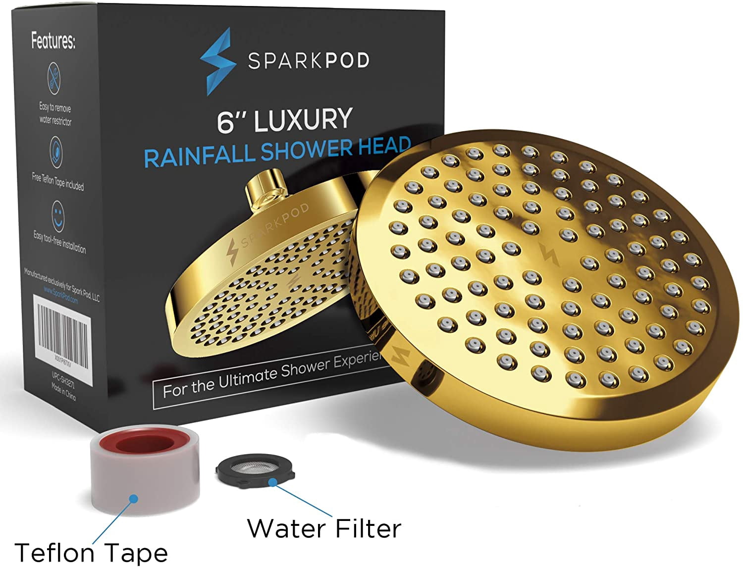 SparkPod High Pressure Rainfall Shower Head, Easy Install, Energy Saving (6 inch Round, Gold)