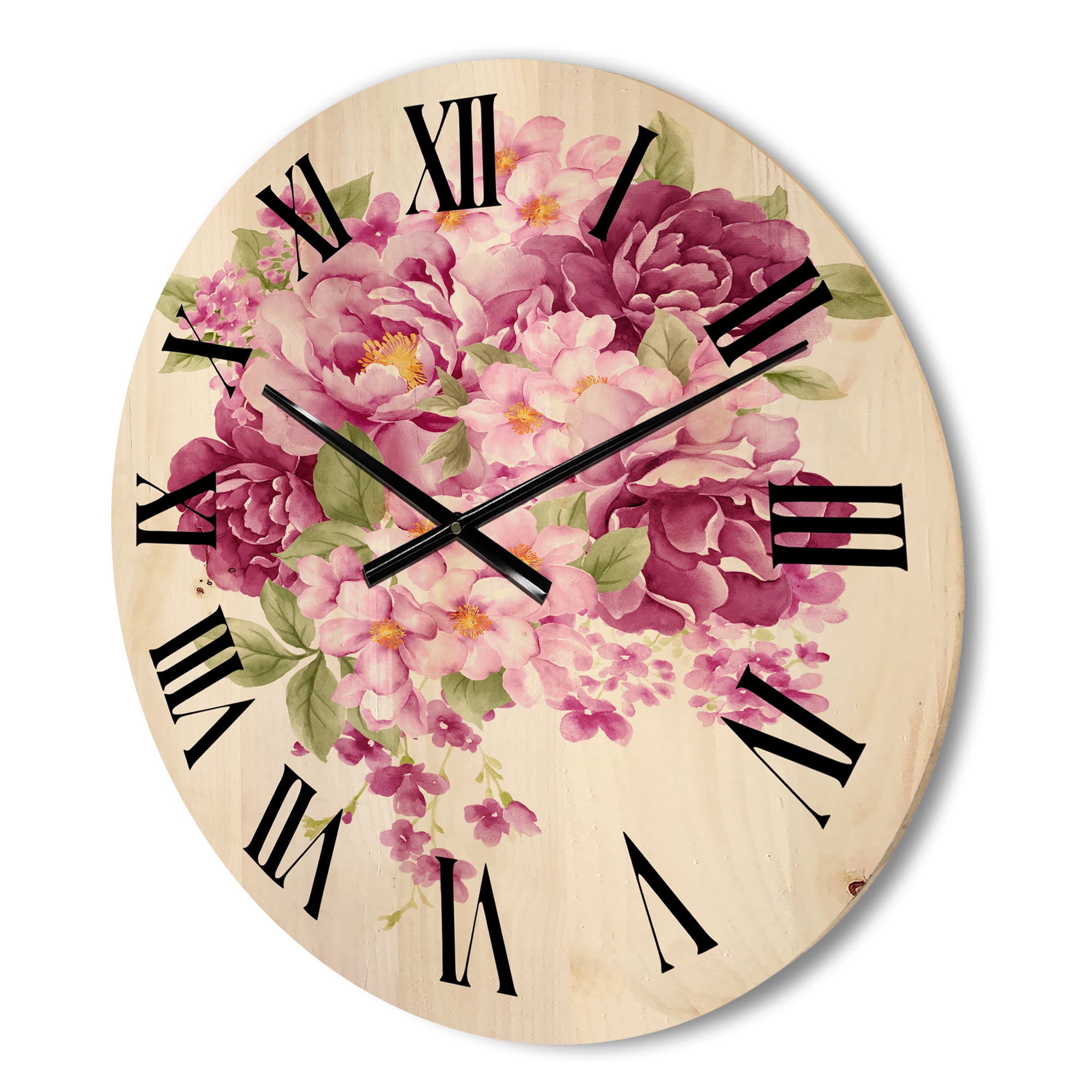 Designart 'Bouquet Of Pink Retro Flowers' Traditional Wood Wall Clock