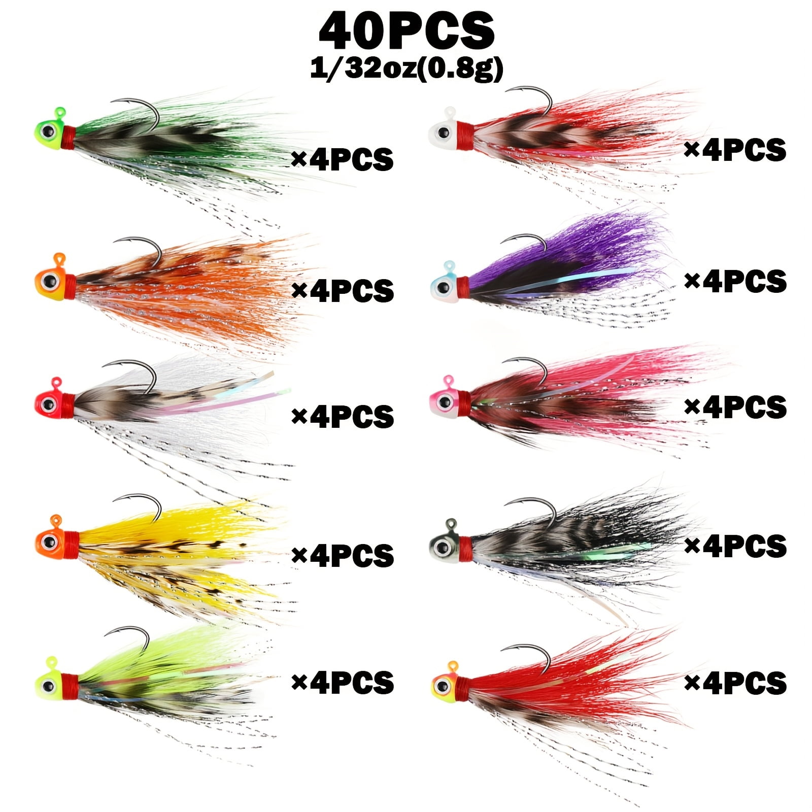 40Pcs 3D Eyes Crappie Jigs, Hand-Tied Hair Bucktail Jig Heads, 10 Mixed Colors 1/32oz 1/16oz 1/8oz Lures for Trout Walleye Panfish Freshwater Fishing