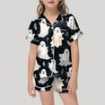 thumbnail image 2 of Shadoumai Big Satin Halloween Pajamas Button Down Pjs Cute Graphic Print Button Down Short Sleeve Shirts and Shorts Nightwear Set Silk 2-Piece Loungewear 2 Piece Outfits for, 2 of 4