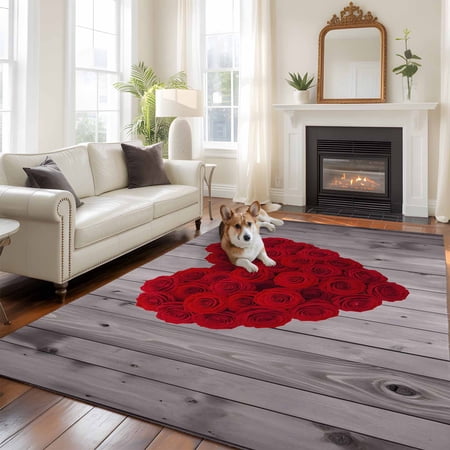 5 x8 Area Rugs Valentine s Day Indoor Outdoor Area Rug for Living Room Bedroom Red Roses Love Hearts Grey Wooden Washable Bathroom Rugs Kitchen Floor Carpet Mats Home Decor Aesthetic
