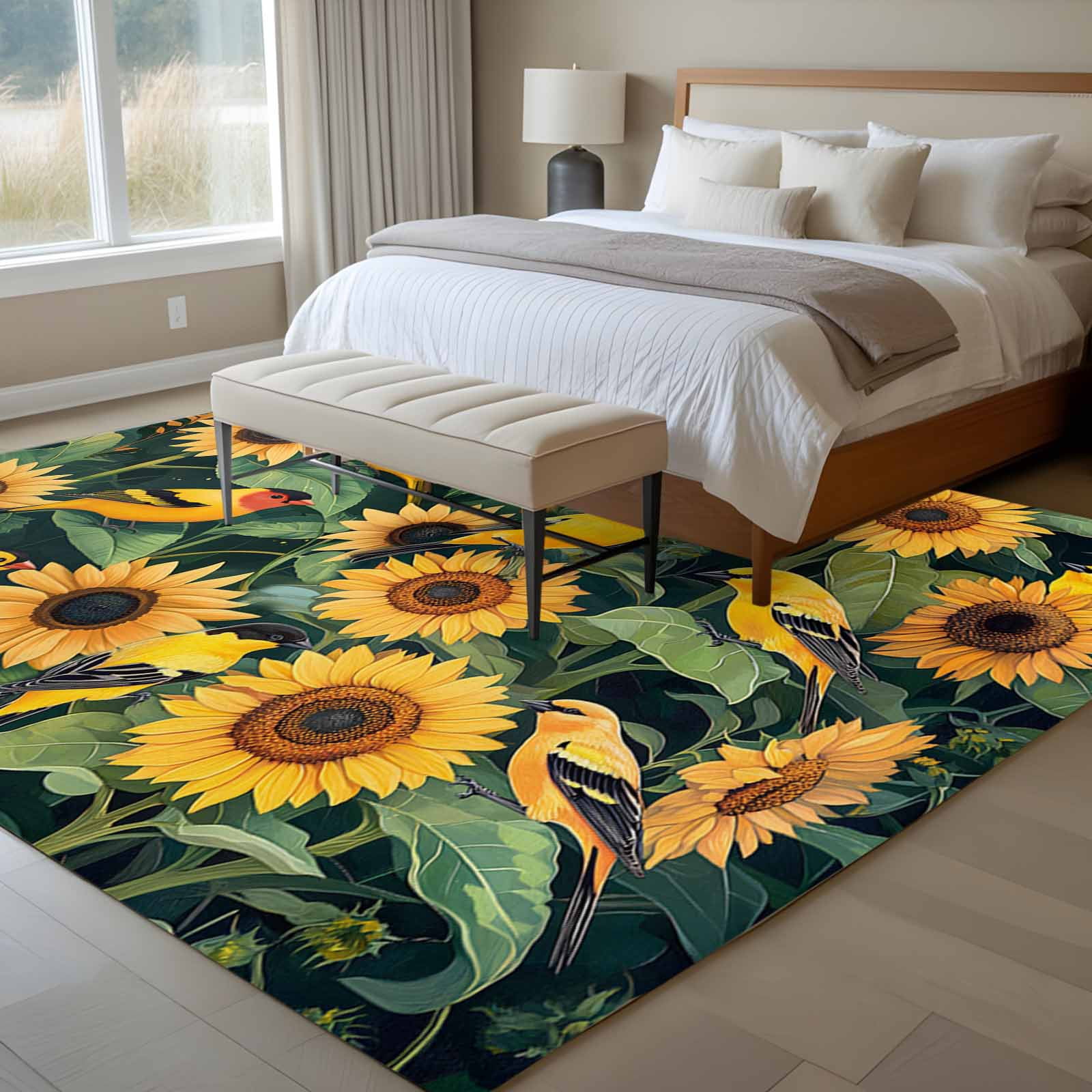 5'x8' Area Rugs, Yellow Sunflower Birds Indoor Outdoor Area Rug for Living Room Bedroom, Spring Leaves Retro Country Washable Bathroom Rugs Kitchen Floor Carpet Mats Home Decor Aesthetic