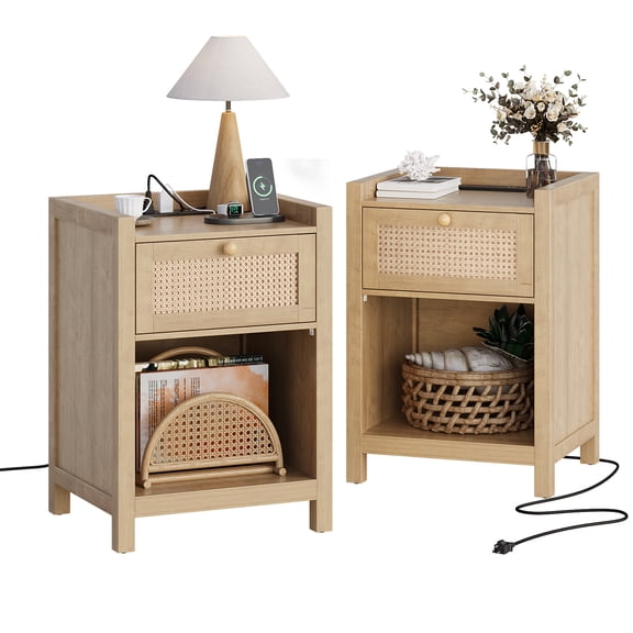 LGHM Nightstand Set of 2 with Charging Station, Farmhouse Bedside Tables Night Stands with Drawer, Boho Side Tables for Bedroom, Living Room, Oak