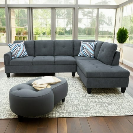 Hommoo Flannel Living Room Furniture Sets  4-Seat Couches and Sofa Set  L Shaped Couch Set Sectional Sofa Set for Home  Apartment  Dorm  Dark Gray(No Ottoman)