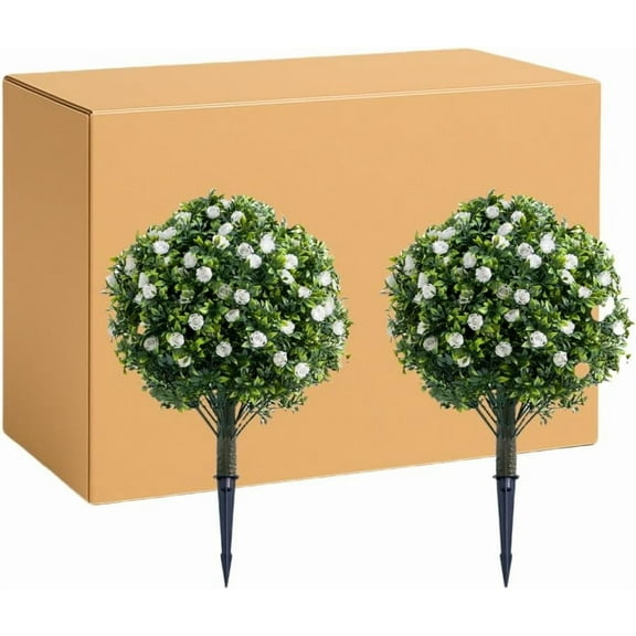EastVita 2 FT 2Pcs Artificial Topiary Flower Ball Trees with Ground Spike,Fake Boxwood Flowers Shrubs with Stake 2FT