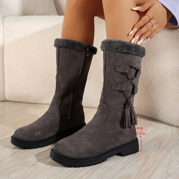 Mgmyaa Women's Winter Fleece Lined Mid Calf Boots Round Toe Side Zipper Low Heel Booties