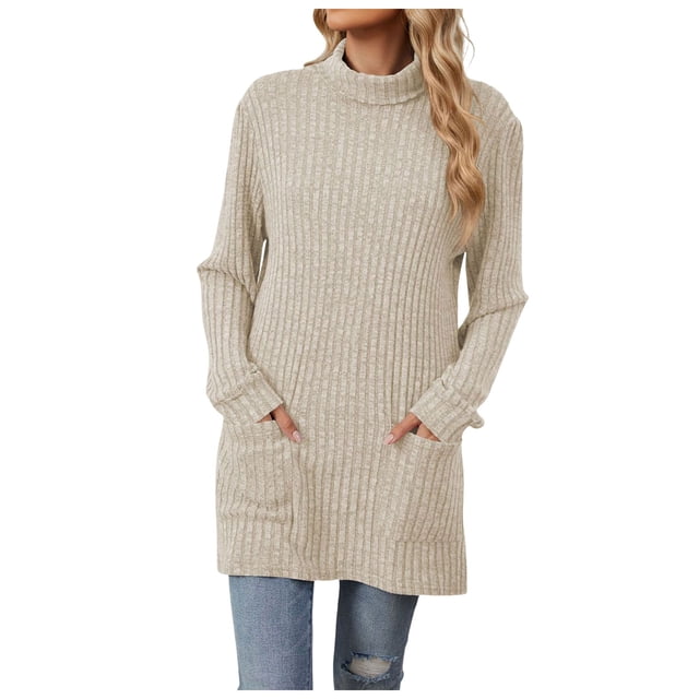 Nouveau Chandail Ample à Col Roulé Manches Longues avec Poche pour Femmes