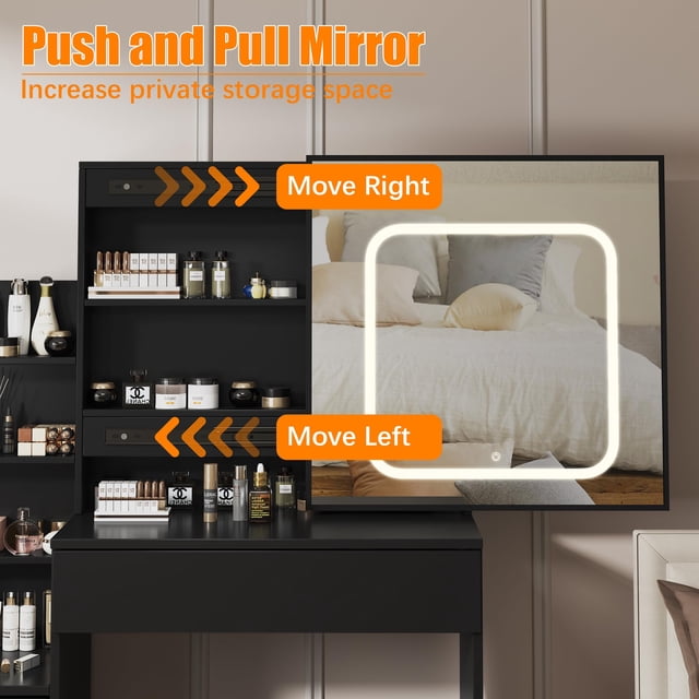 Kojooin Vanity Table with LED Mirror, 4 Drawers, Charging Port and 3-Colour Adjustable Lighting
