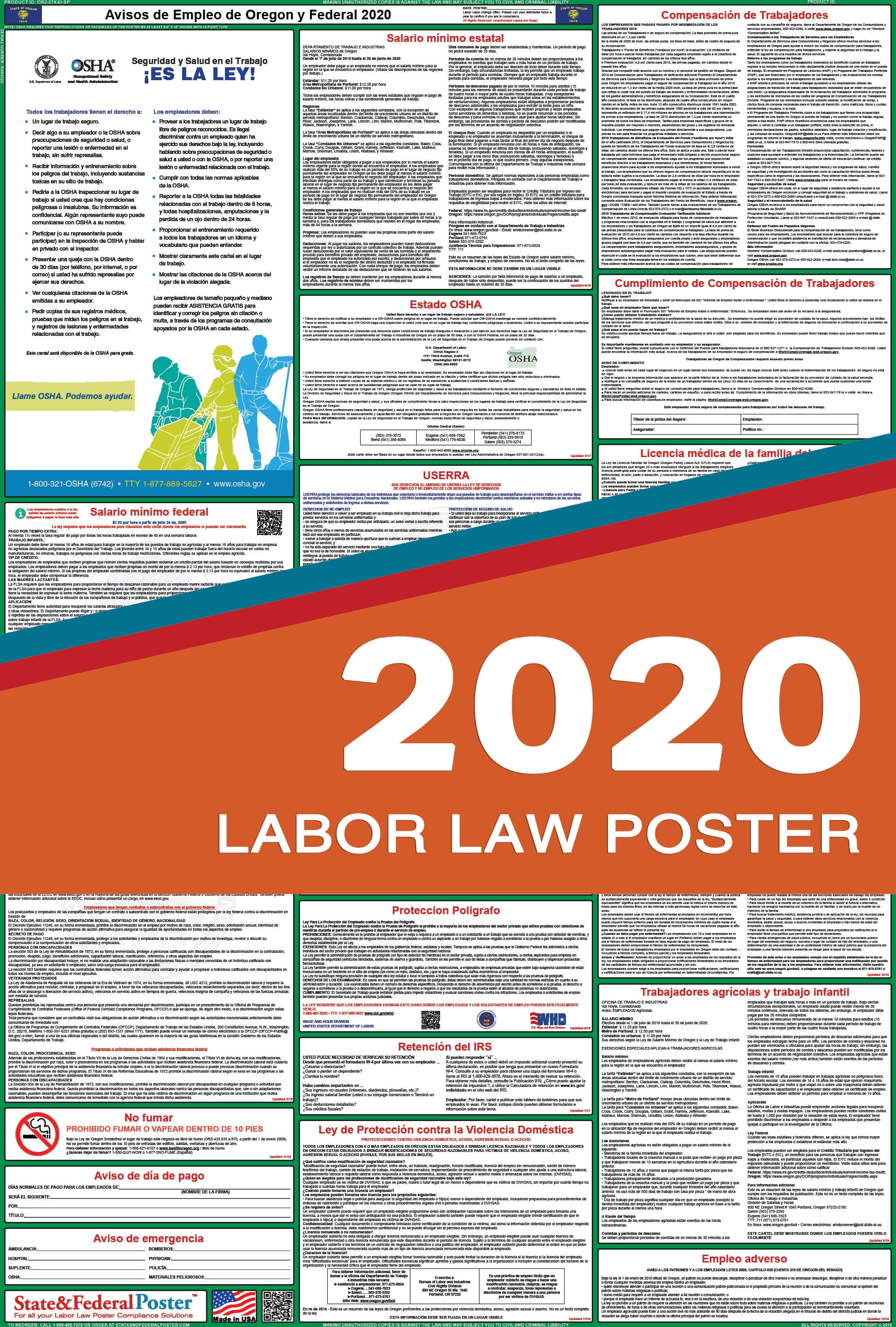 State Federal Poster 2020 Oregon State And Federal Labor Law Poster