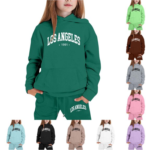 AWZXDE Girls Hoodies Letter Print Sweatshirt Outfits Set Stylish Comfortable Everyday Wear Casual Campus Outdoor Winter Two Piece Dark Green,15-16 Years