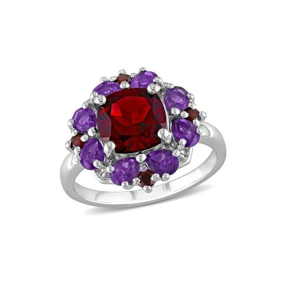 4.44 Carat (Ctw) Garnet and Afrikan Amethyst Halo Ring in Sterling Silver for Women