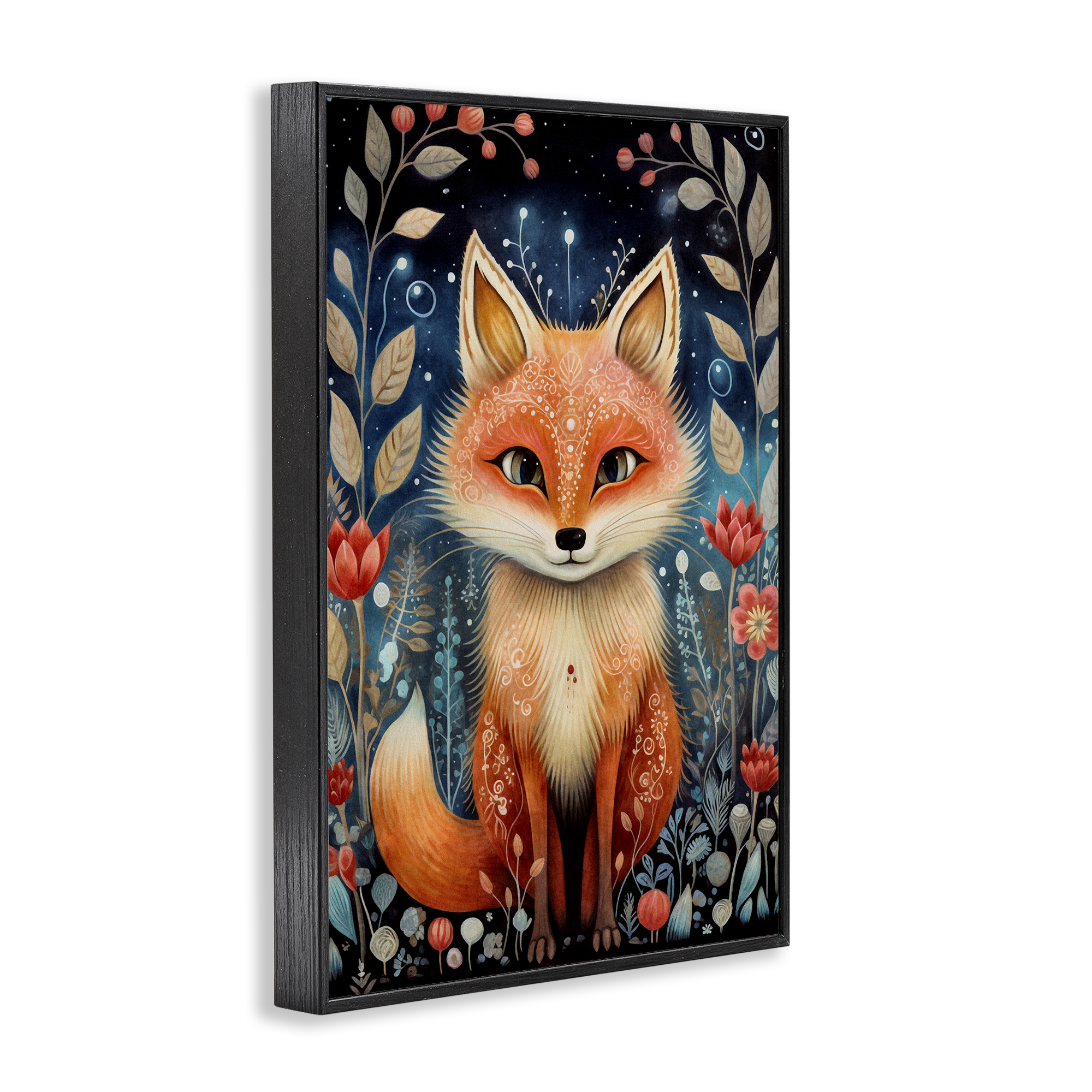 Stupell Industries Woodland Pattern Fox Animals & Insects Painting Black Framed Art Print Wall Art, 16 x 24