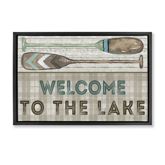 Stupell Industries Rustic Welcome Lake Oars Typography Painting Black Floater Framed Canvas Art Print Wall Art, 25 x 17