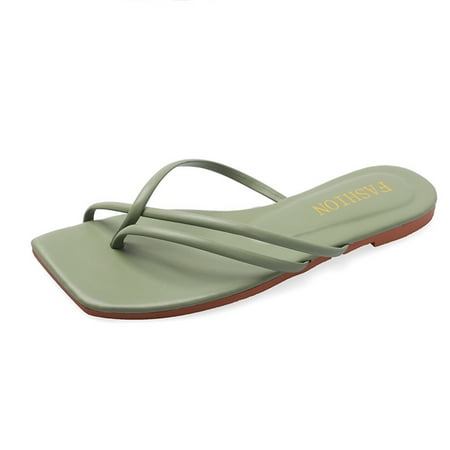 Fashion Faux Leather Flat Thong Sandals for Women Cutout Square Toe Summer Flip Flops Outdoor Beach Resort Slippers