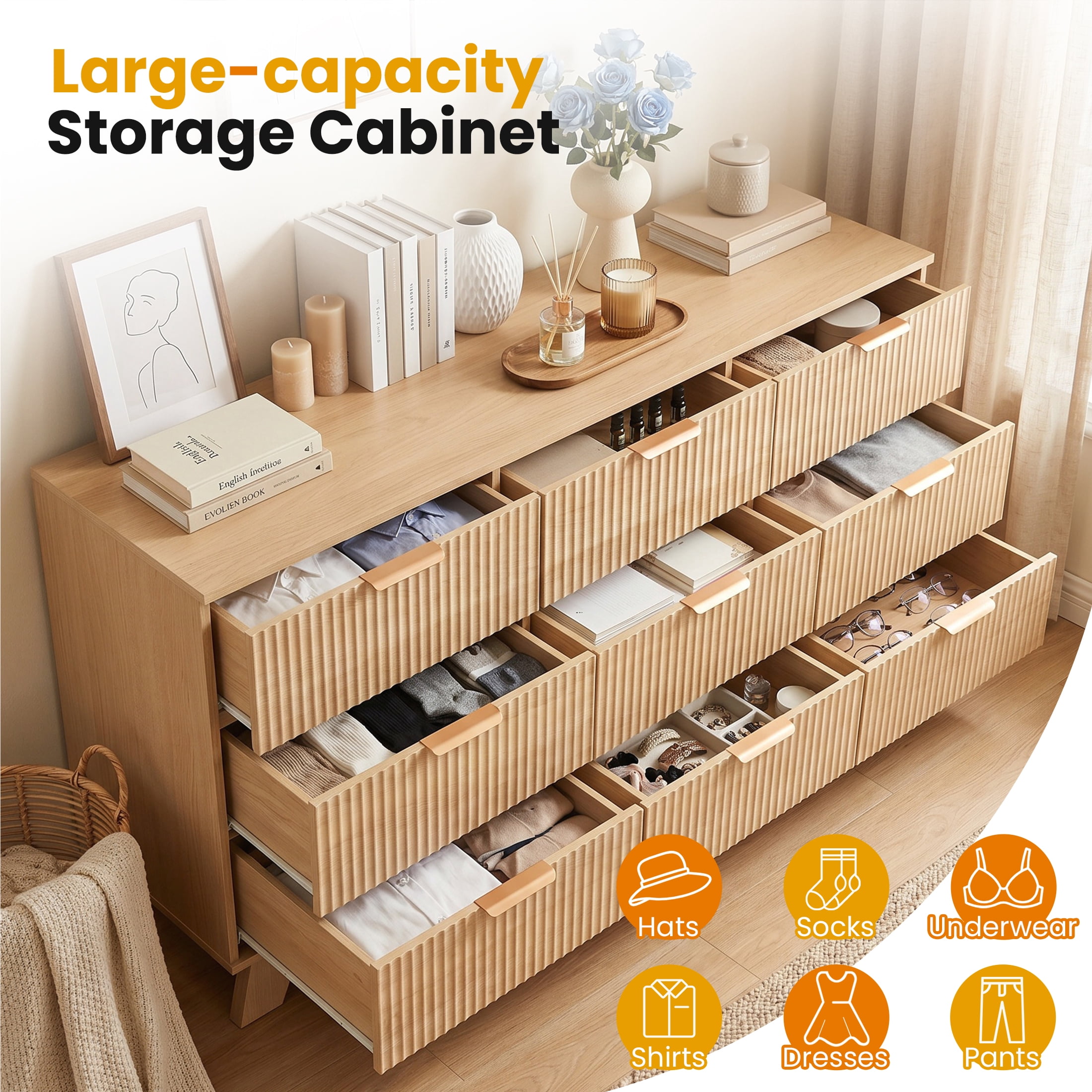 Gianna Fluted Dresser, 9 Drawer Dresser, Modern Wooden Chest of Drawers with Heightened Legs for Bedroom, Natural Wood