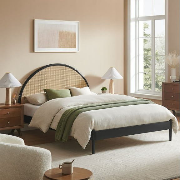 Modway Odette Queen Arched Rattan Cane Platform Bed in Black