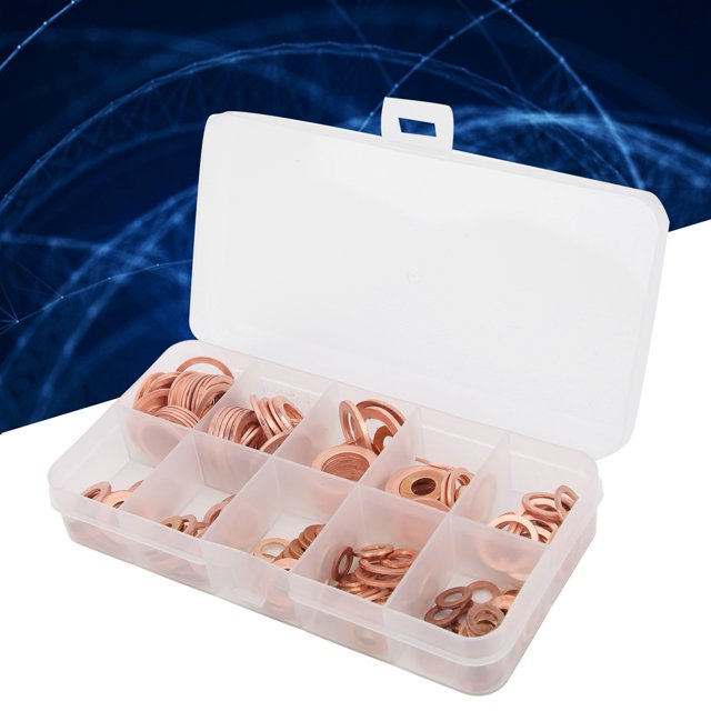 200Pcs 9 Sizes Flat Round Copper Washer, M5 M6 M8 M10 M12 M14 Metric O Rings For Automotive & Motorcycle, Sealing Washer Gasket