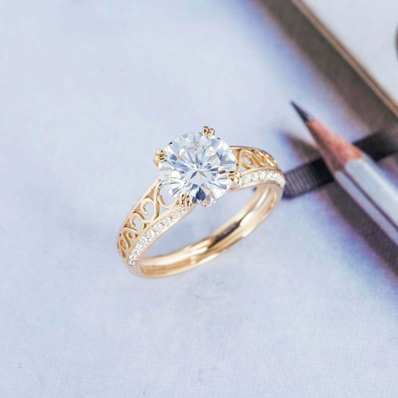 HeartsAndYou 1.5ct Round Cut Moissanite Engagement Ring for Women Filigree Solitaire 18k Yellow Gold over Silver