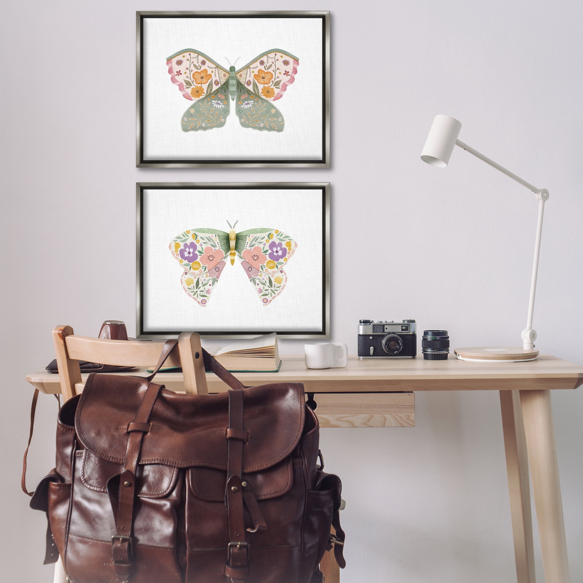 Stupell Industries Folk Florals Butterflies Insects Painting Gray Floater Framed Canvas Art Print Wall Art, 31 x 25, Set of 2