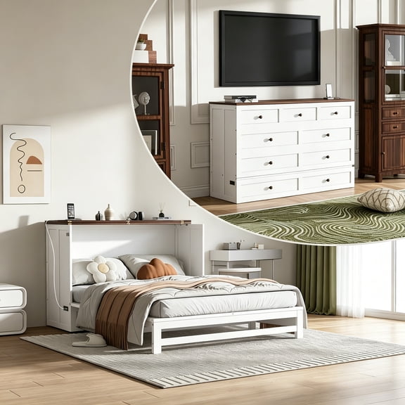 AISWORD Queen Size Murphy Bed with USB Charging Ports and Storage Drawer, Hidden Wooden Folding Cabinet Bed for Small Spaces