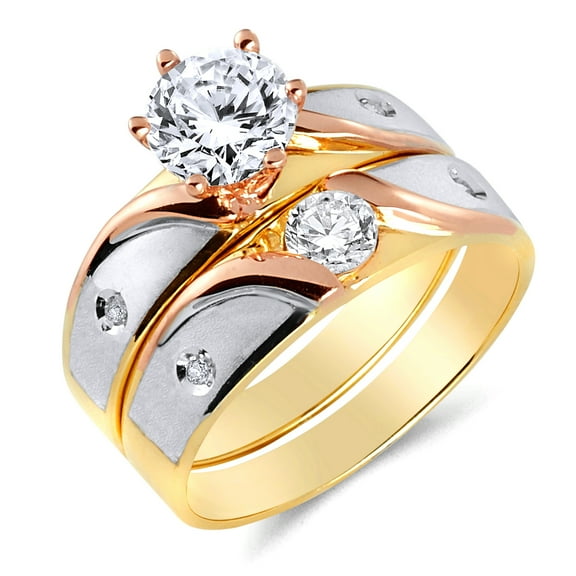 Wellingsale Ladies Solid 14k Tri 3 Color Gold Polished CZ Cubic Zirconia Round Cut Engagement Ring and Wedding Band Bridal Set - Size 4