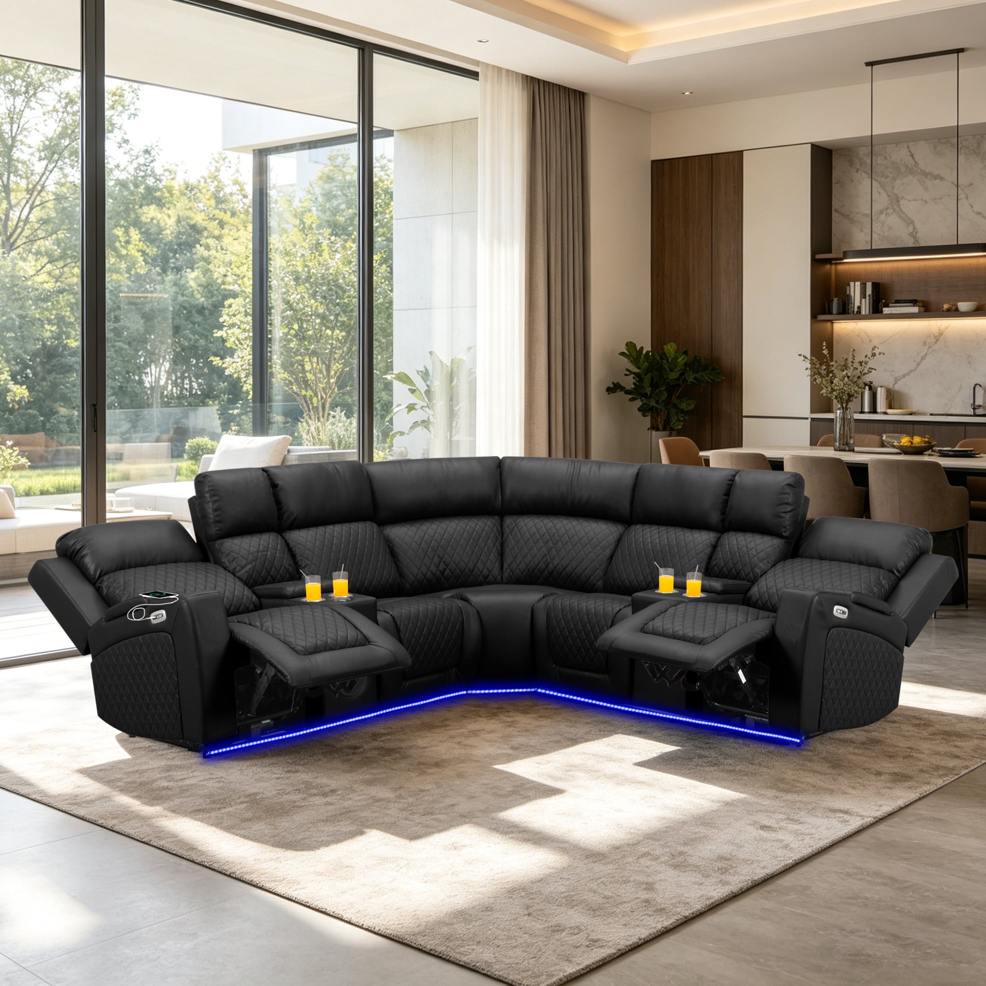 Gewnee 5-Seat Power Reclining Sectional L-Shaped Sofa with PU Upholstery, LED Lights, Bluetooth Speakers & Console, Black