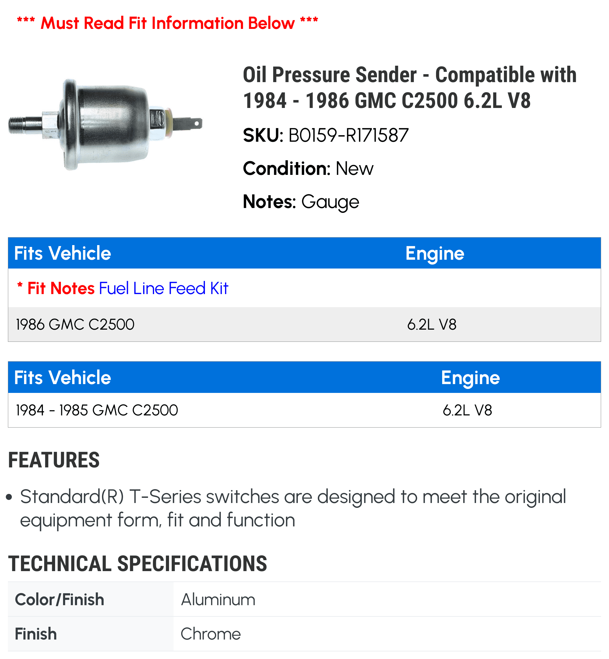 Oil Pressure Sender - Compatible with 1984 - 1986 GMC C2500 6.2L V8 1985