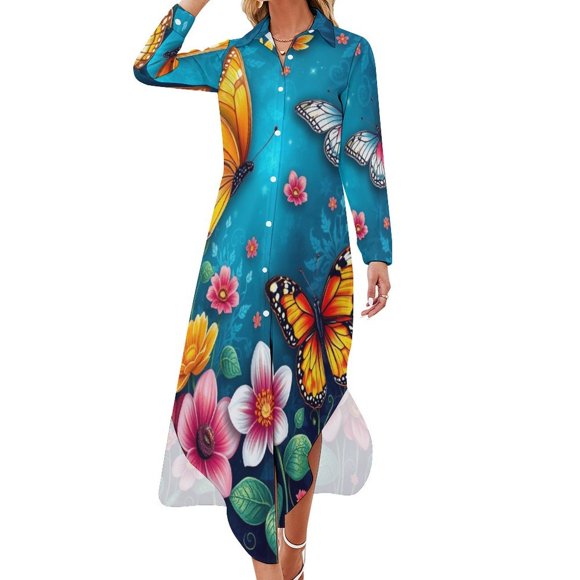 Butterflies Floral Beauty Chiffon Dress V Neck Dresses Women Casual Dress