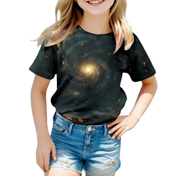 Little Girls Tshirts Galaxy Short Sleeve Crew Neck Fancy Top Teenager 3D Print Glitter Tops Carnival Clothes for Kids Size 8-9T