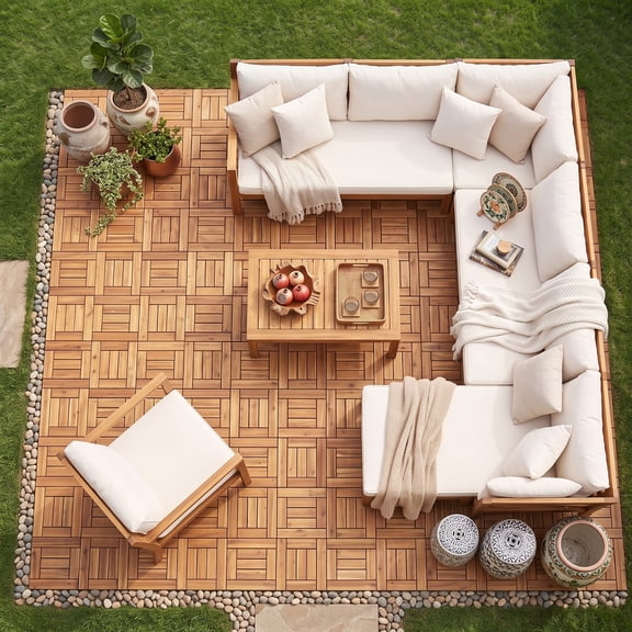 ALPULON 12 x 12 Inch Interlocking Acacia Wood Deck Tiles for Patio Balcony Backyard Porch Poolside, Tool-Free Snap Together Indoor Outdoor Floor Tiles, Natural