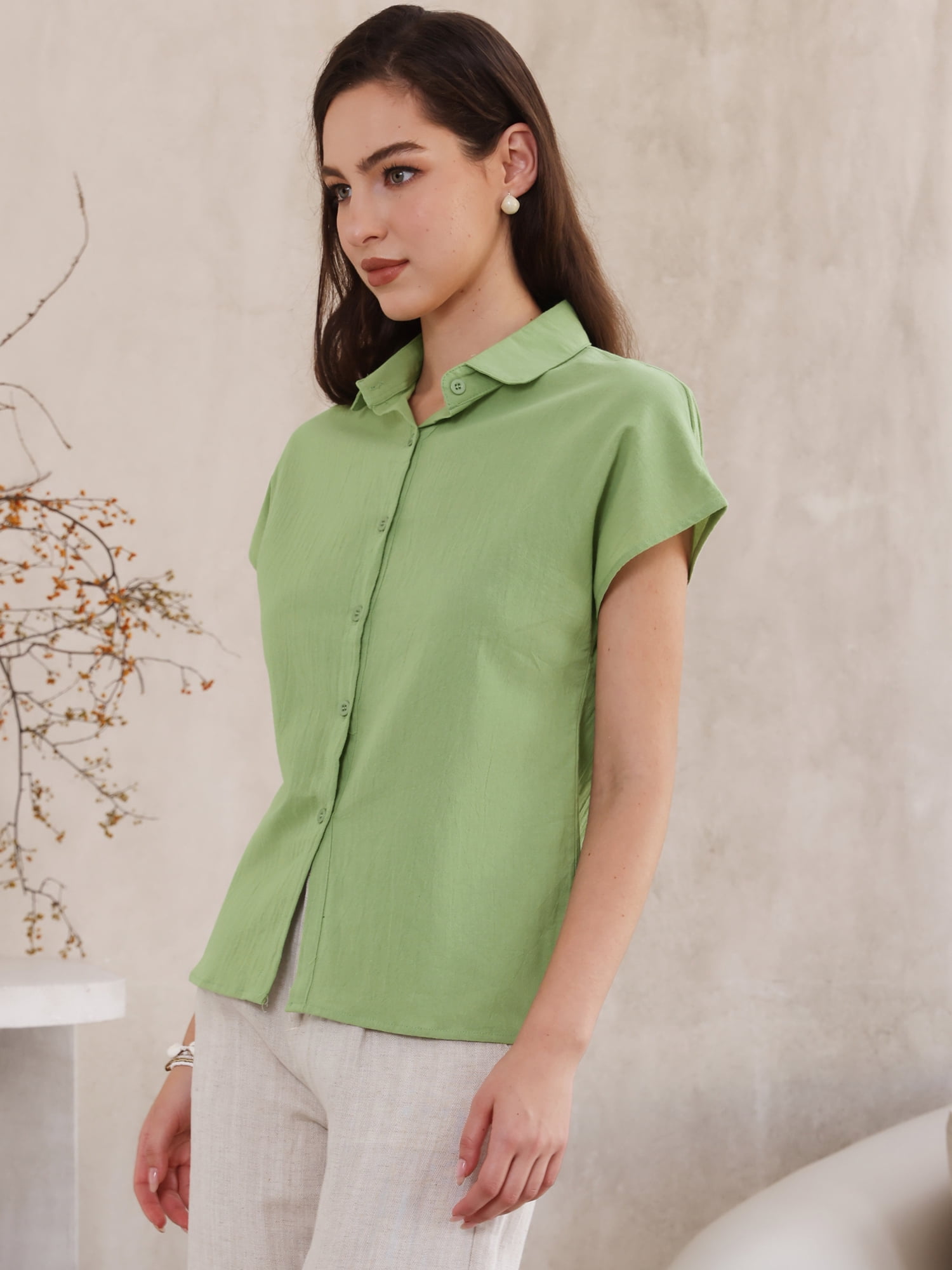 DARING DIVA Women's Linen Button Down Short Sleeve V Neck Tops L Green